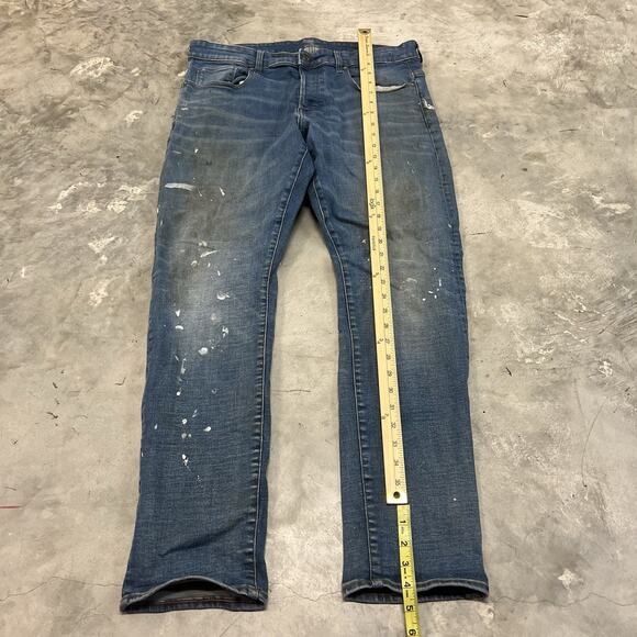 G Star Raw 3301 Straight Tapered Jeans Mens 34x32 Blue Button Fly Paint Distress - Picture 2 of 11